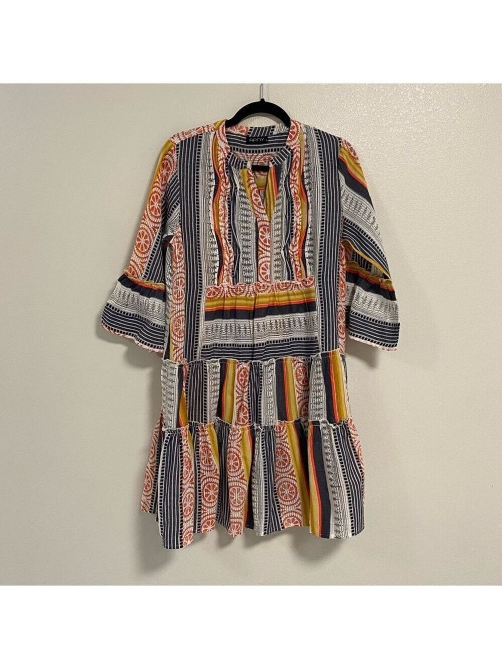 APNY dress Women’s Size Small Orange Gray Striped ruffle dress